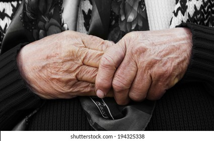 Closeup Cropped Image. Aging Process Hands Of Very Old Senior, Elderly Woman With Wrinkled Skin. Longevity.