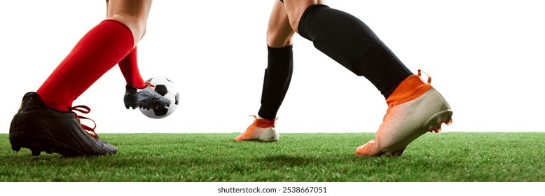 Close-up cropped image of two female soccer players legs and soccer ball, emphasizing motion and agility. Intensity of game. Concept of sport, action, tournament, competition. Banner - Powered by Shutterstock