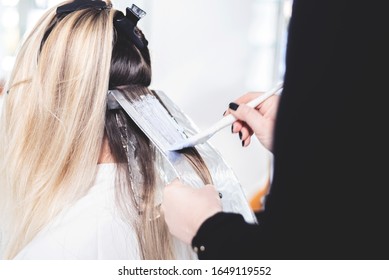 Closeup and cropped picture  hairdresser holds the brush and dyes the hair