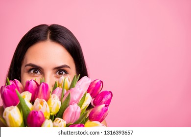 Close-up cropped portrait of her she nice cute attractive lovely winsome charming cheerful cheery brunette latin lady hiding behind colorful flowers florist advert isolated on pink pastel background