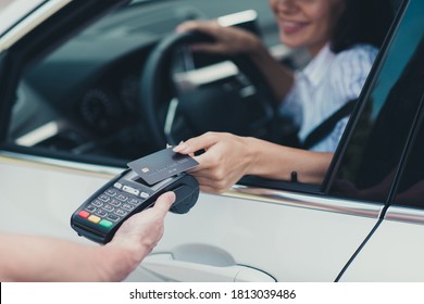 Close-up Cropped View Of Her She Attractive Cheerful Content Busy Successful Lady Customer Consumer Riding Car Paying Virtual Money Using Pay Pass Buying Petrol Goods Product Connection