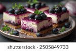 Close-up of crumble cheesecake bars topped with a vibrant blueberry glaze and adorned with fresh blueberries