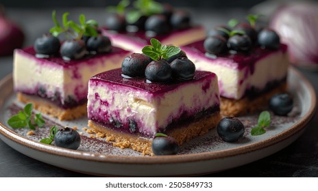 Close-up of crumble cheesecake bars topped with a vibrant blueberry glaze and adorned with fresh blueberries - Powered by Shutterstock