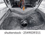 Closeup crusher for stones, Processing plant. Ore is crushed to recover copper, gold, iron, top view.