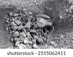 Closeup crusher for stones, Processing plant. Ore is crushed to recover copper, gold, iron, top view.