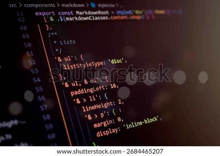 Close-up of CSS-in-JS Markdown styling code with list formatting and layout properties, representing modern frontend UI development, component design, and clean coding practices.