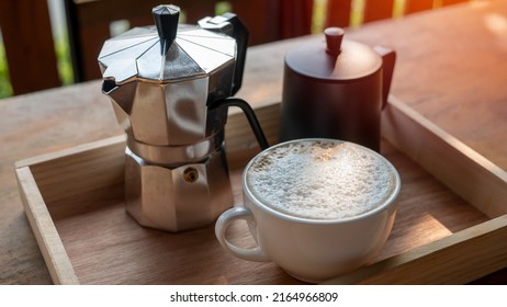 Closeup Cup Of Coffee And Coffee Brewing Equipment