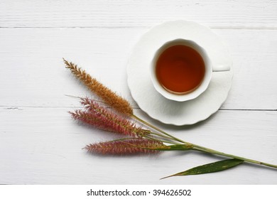 Closeup Of Cup Of Tea And Flower.Flat Lay.still Life With Teacup.(selective Focus)