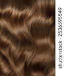 Close-up of curls and frizzy shiny brown hair . Hair colorind or shades