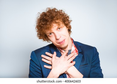 Closeup Curly Man Grateful Someone, Isolated On Background