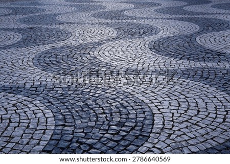 Closeup of curvy, undulating patterns in stone mosaics of basalt and limestone rock in Lisbon, Portugal
