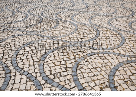 Closeup of curvy, undulating patterns in stone mosaics of basalt and limestone rock in Portugal
