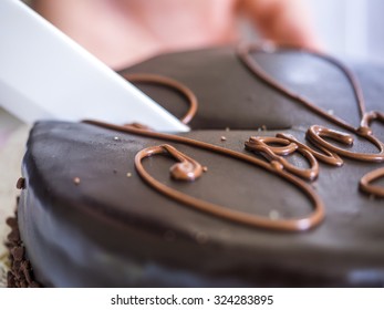 Close-up Of A Cut Of Sacher Torte.