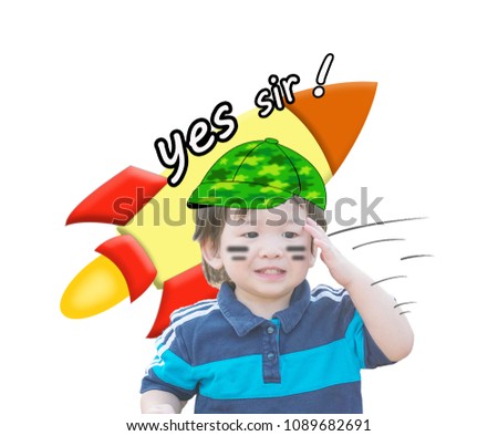 Closeup cute asian kid make a military plan motion with yes sir word isolated on white background