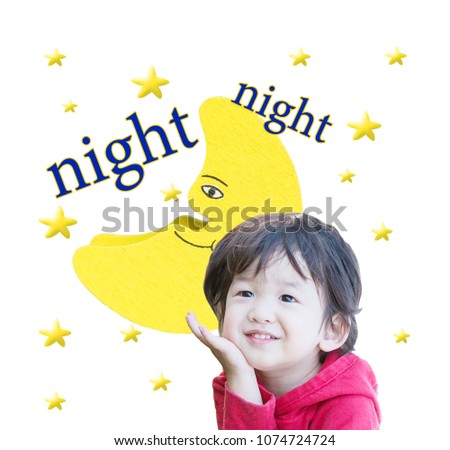 Closeup cute asian kid in cute motion with smile face and night night word isolated on white background