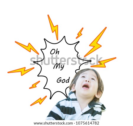Closeup cute asian kid in shock motion with oh my god word in text box isolated on white background