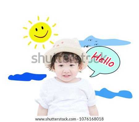 Closeup cute asian kid with smile face with hello word in text box isolated on white background