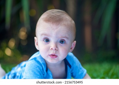 A Closeup Of A Cute Hispanic Little Boy Toddler With Fair Hair Looking At A Camera With Curious Face