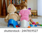 Closeup of cute little 12 months old toddler baby girl child sitting on potty. Kid playing with doll toy. Toilet training concept. Baby learning, development steps