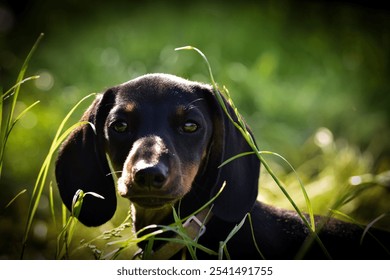 A closeup of a dachshund dog standing in a field of tall, lush green grass - Powered by Shutterstock