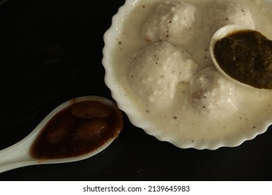 Closeup Of Dahi Bhalle With Black Background