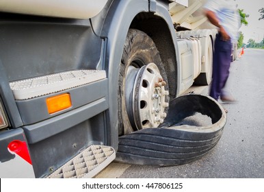 Closeup Damaged 18 Wheeler Semi Truck Burst Tires By Highway Street In Thailand