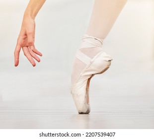 Closeup Of Dancer Foot On Floor, Ballet Shoe And Hand, Show Posture And Balance At Dance Class. Zoom Of Woman Dancing In Studio To Practice Or Stage, During Profession Performance Or Recital
