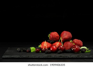Closeup Dark Food Photo Of Berries Assorted Fresh Mix Colorful On Dark Background
