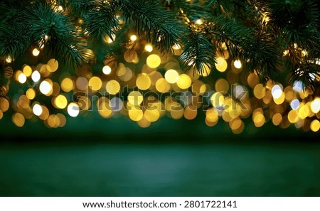 Close-up of dark green pine tree branches adorned with warm, blurry golden Christmas lights, creating a beautiful bokeh effect against a dark green background.