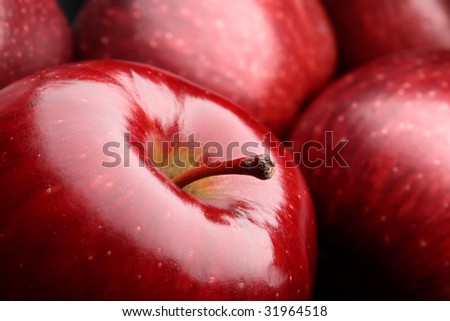 Close-up of a dark red apple between other apples