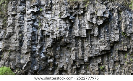close-up of a dark, textured rock face with vertical columns and moss.