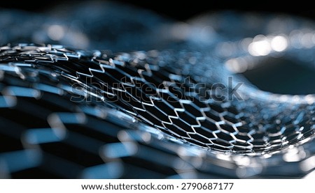 Close-up of a dark, undulating surface composed of hexagonal cells, reflecting shimmering blue lights, suggesting a futuristic or scientific material.