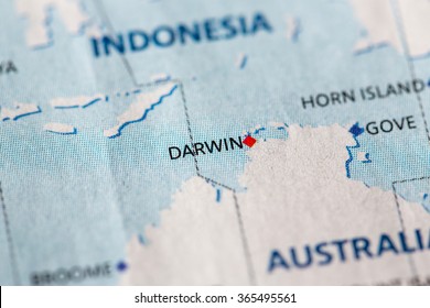 Closeup Of Darwin On A Political Map Of Australia.