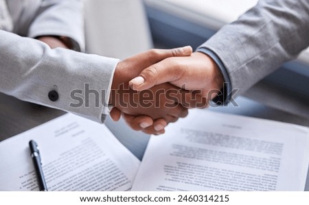 Closeup, deal and handshake for contract, agreement and success for broker in business office. People shaking hands, opportunity and b2b partnership for collaboration, trust and thank you in meeting