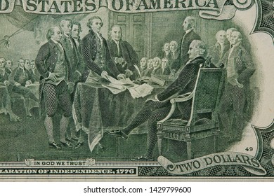 Closeup of the Declaration of independence drawing from the back of a two dollar bill.