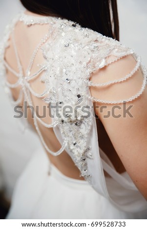 Close-up decoration for a wedding dress with strings, rhinestones, diamonds, shines and beads. Back view.