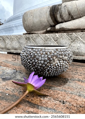 A close-up of a decorative bowl with a sea urchin texture resting on a stone surface near a Buddhist temple. In the foreground, a purple water lily is positioned at the base of a Buddha statue's feet.