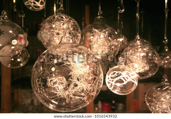 Closeup Decorative Crystal Balls Hanging Ceiling Stock Photo