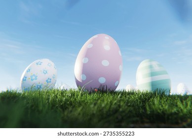 Close-up of decorative Easter eggs with pastel polka dots and floral patterns in green grass. Egg with clear blue sky background, perfect for spring holiday designs.