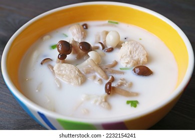 Closeup of Delectable Thai Dish of Tom Kha Gai or Chicken and Galangal in Coconut Milk Soup - Shutterstock ID 2232154241