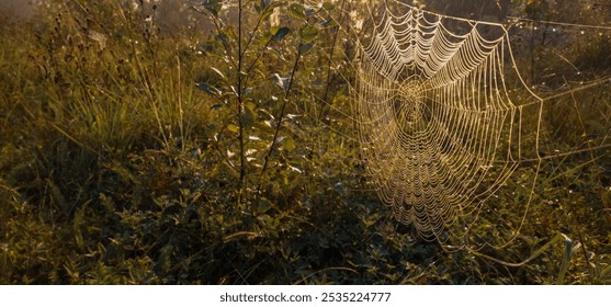 A close-up of a delicate spider web, sparkling with morning dew, suspended between blades of grass in a green meadow. The intricate pattern of the web and the sparkling drops create an ethereal image - Powered by Shutterstock