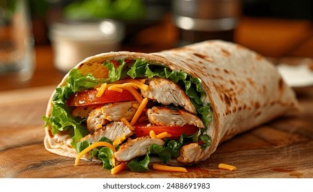 Close-up of a delicious chicken wrap filled with fresh vegetables and cheese, served on a wooden board. Perfect for healthy eating and fast food concepts - Powered by Shutterstock