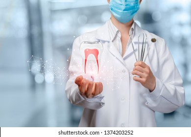 A closeup of dentist holding image of digital tooth model with roots and set of dental medicine tools at blurred hospital room background. The concept of innovative dental treatment and diagnostics.