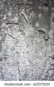 Closeup Detail Of Ancient Weathered Stone Stele Carving With Fading Image Of A Maya King At Grupo Macanxoc Mayan Coba Ruins Yucatan Mexico