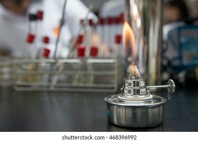 Close-up Detail Of An  Ethanol Burner, Also Known As A Spirit Lamp, In A Microbiological Laboratory With Test Tubes In The Background. Science Concept.