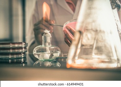 Close-up Detail Of An Ethanol Burner, Also Known As A Spirit Lamp, In A Microbiological Laboratory With Test Tubes In The Background. Science Concept.