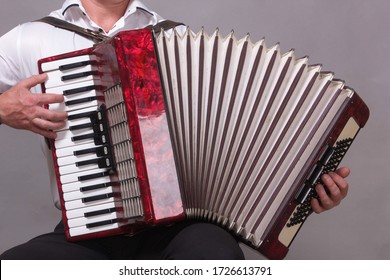 Closeup detail of a man in a white shirt playing the red accordion. Hands close-up
