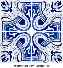 Closeup Detail Of Old Portuguese Glazed Tiles.