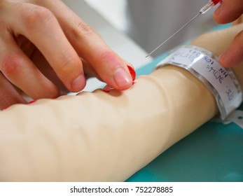 Close-up Detail Of A Physician In Training Removing A Needle After Inserting Large Bore IV Cannula Into The Cephalic Vein Of A Dummy's Arm With Patient Tags. Healthcare And Medical Education Concept.