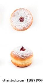 Closeup Detail Of Tasty Donut With Powder And Jam, Isolated On White Background. Top And Side View